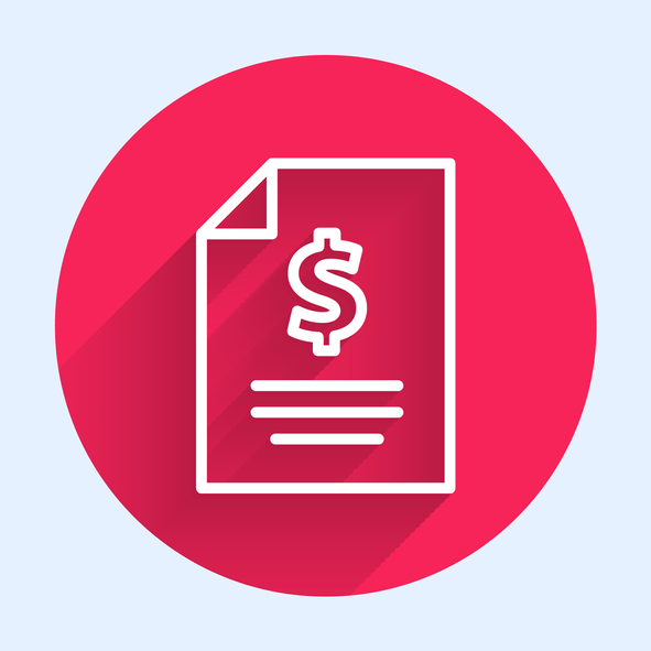 White line Contract money icon isolated with long shadow. Banking document dollar file finance money page. Red circle button. Vector Illustration