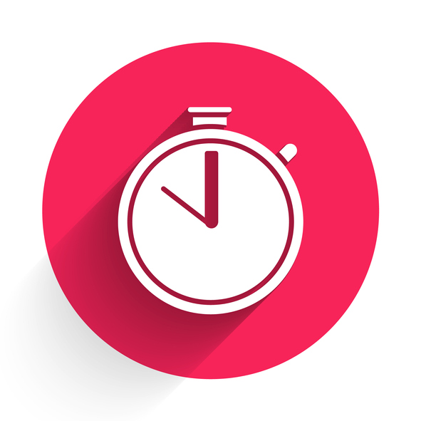 White Stopwatch icon isolated with long shadow. Time timer sign. Chronometer sign. Red circle button. Vector Illustration