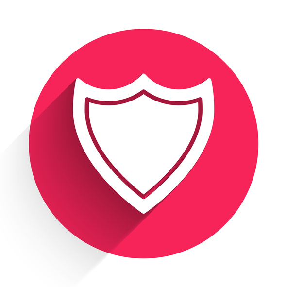 White Shield icon isolated with long shadow. Guard sign. Security, safety, protection, privacy concept. Red circle button. Vector Illustration